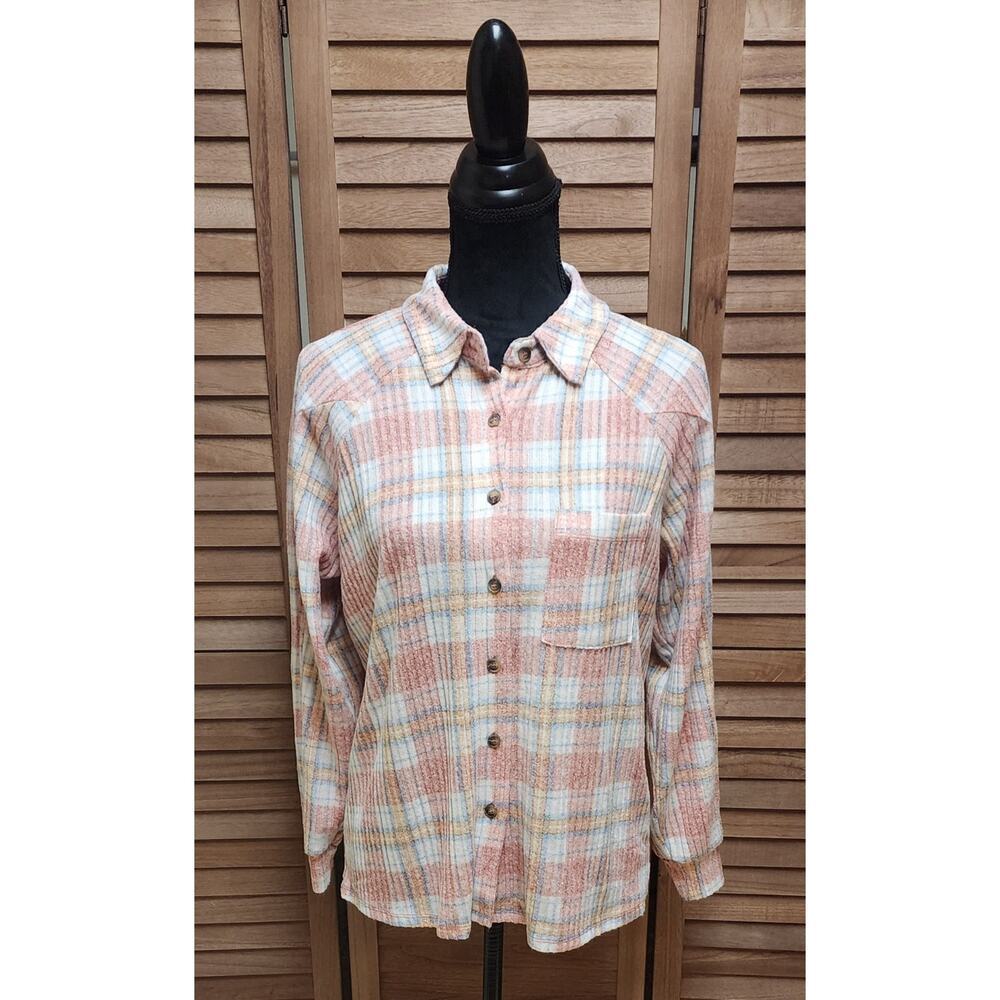 Modish Rebel Womens Size XS Pink Button Up Plaid Shirt Soft Long-Sleeve Blouse